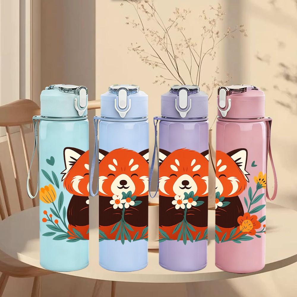 1PC Floral Red Panda 750ml Color Plastic Sports Water Bottle Leakproof Flip Straw Lid Suitable for Sports Office Home Use