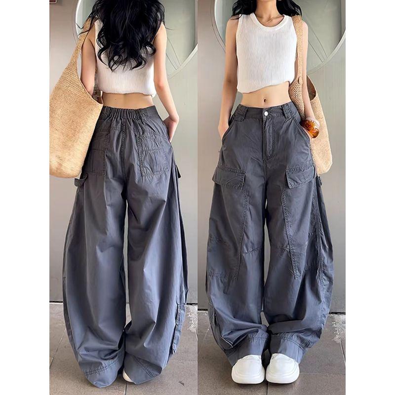 

Cool and Slim Stylish Multi-Pocket Wide-Leg Overalls Women s Summer High Waist Slim Looking Back Elastic Waist Casual Straight Pants Gray M
