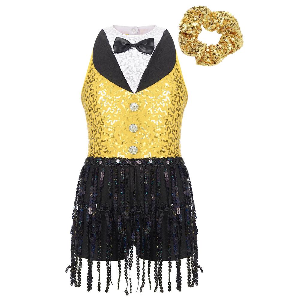 Meisjes Glanzende Pailletten Leotard Jurk Keyhole Achterkant Kwastjes Mouwloos Latijnse Jazz Hoofddeksel Set