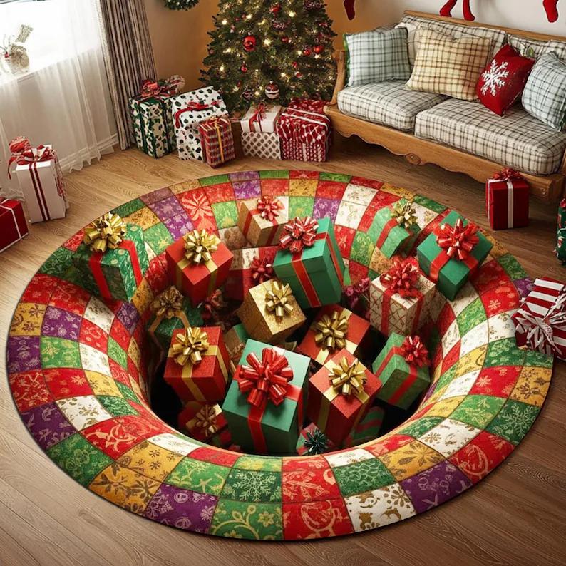 Weihnachtsmann Spielzeug Geschenke Weihnachts-Teppich 3D Optische Illusion Runder Teppich Festliche Feiertagsdekoration Santa-Teppich für Kinderzimmer Winter Zuhause