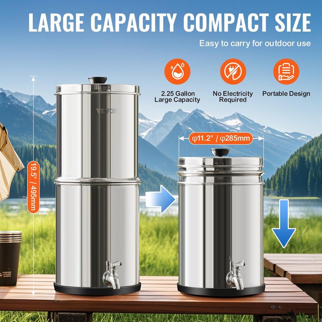Gravity-fed Water Filter System, 2.25G 304 Stainless-Steel Countertop System, Water Filtration System, Reduces Lead and Up To 99% of Chlorine, with 2