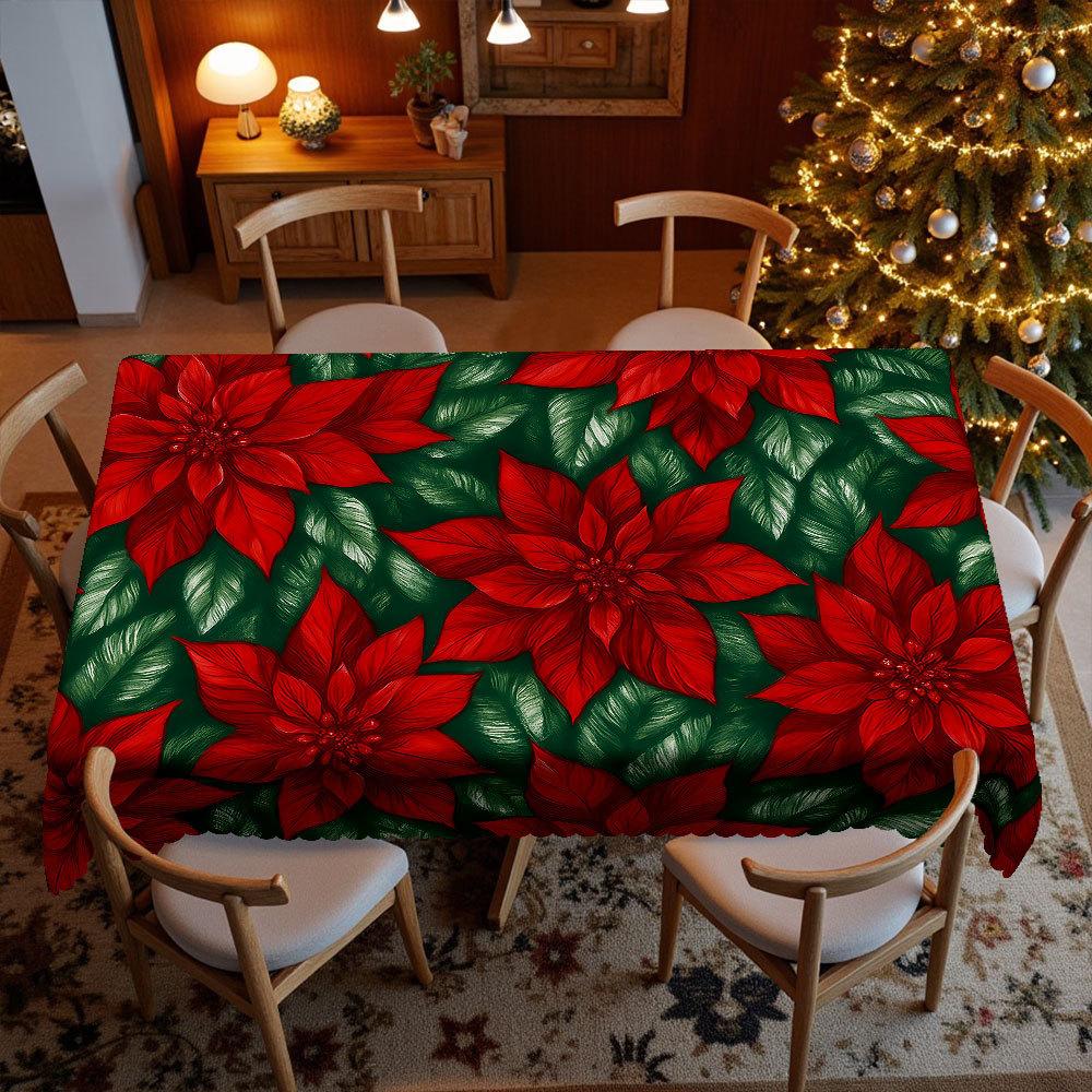 Christmas Table Cloth Red And Green Flower And Leaf Print, Waterproof And Oil-Proof Household Table Cover Cloth, Party Decorative Tablecloth
