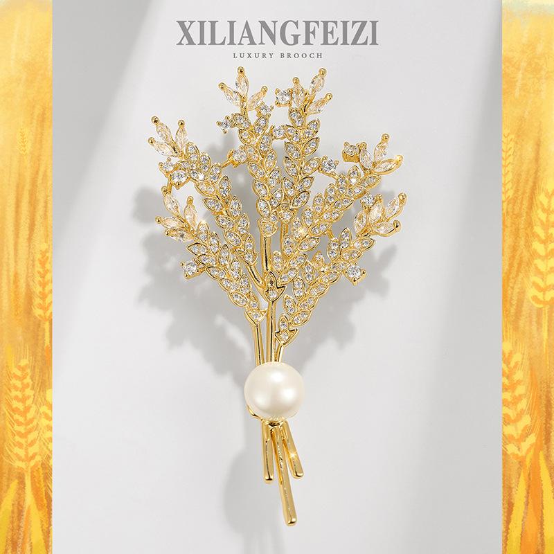 Bo Xin Yun Zircon Wheat Ear Brooch Pearl Corsage Coat Shirt Pin Accessory Gift