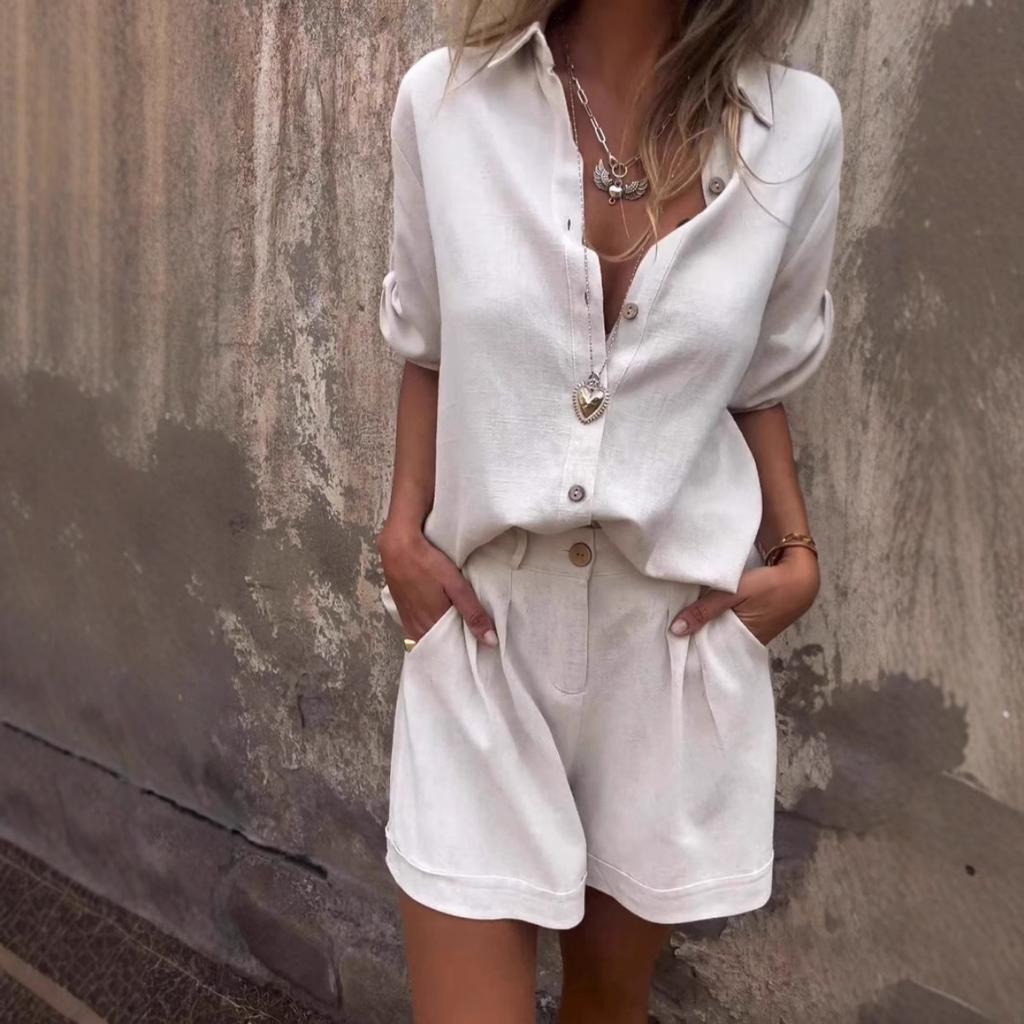Lněný dvoudílný set, Volná košile, Šortky s vysokým pasem, Bavlněné lněné šortky s krátkým rukávem, Ležérní, Dámský, Oblek