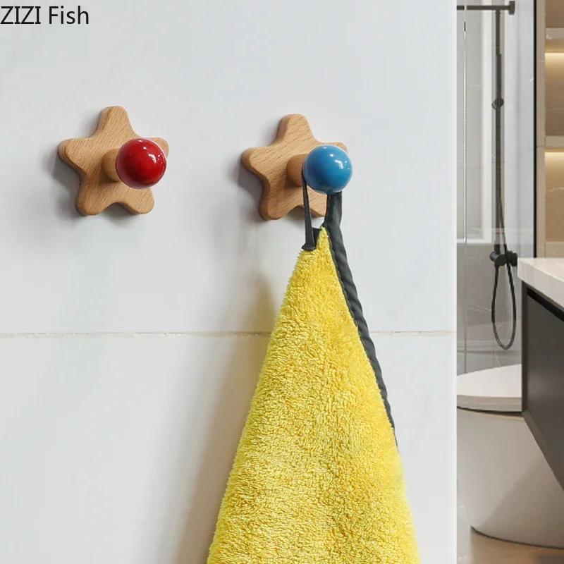 Five-pointed Star Wood Hook Clothing Hat Hooks Wall-mounted Storage Hanging Hooks Wall Storage Holder Decorative Shelves