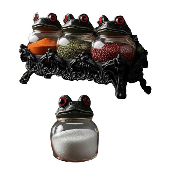 Hexenhafte Zaubertrank Gewürzgläser mit handgefertigten magischen Froschdeckeln Rote Augen Gotische Apothekerflaschen für Kräuter Tees Salz Pfeffer Rustikale Küchendekoration