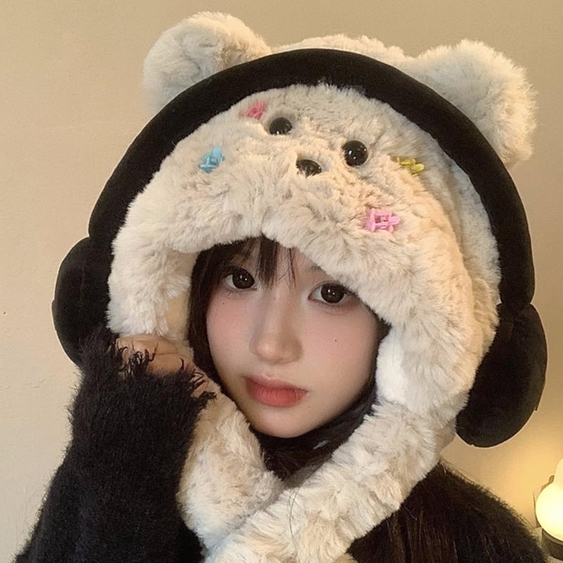 Lovely Panda Hat Warm Earflap Beanies Female Teens Winter Activity Ski Hat with Headphones Ear Protective Trapper Hat