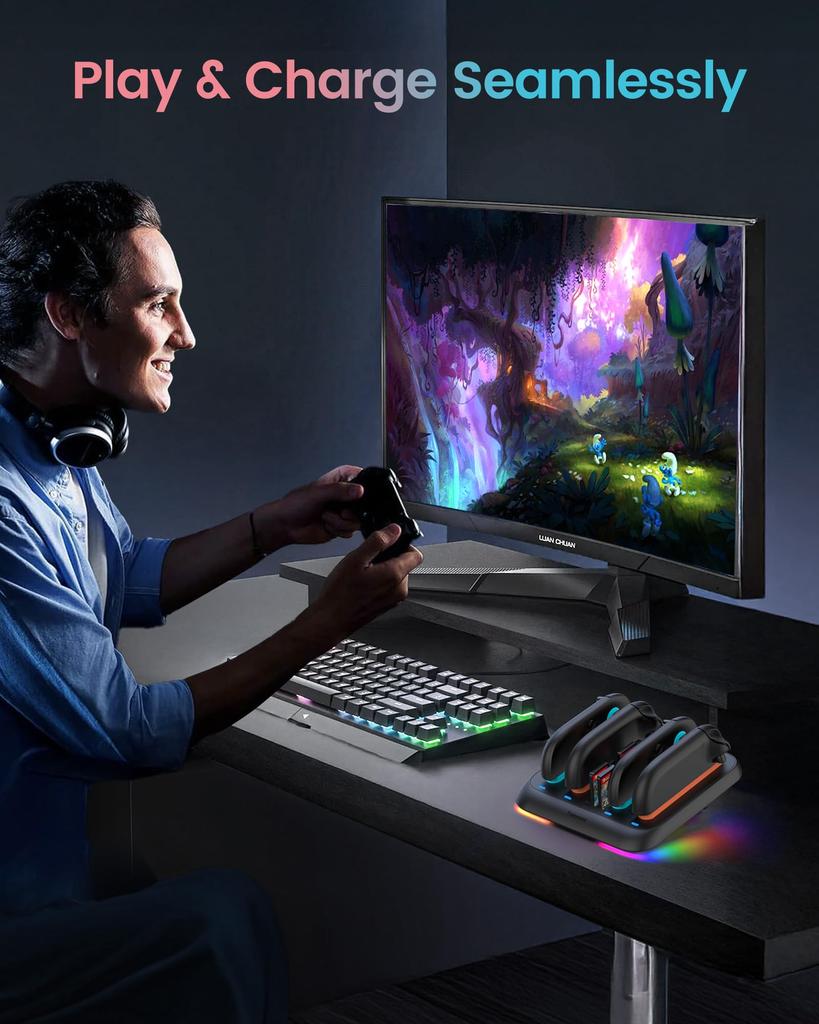 For TRANSNOVO Switch 2 Charging Stand for Nintendo Switch Fast Charger with Adjustable Slim Controller Holds 4 Game Features 9 RGB LED for Home and