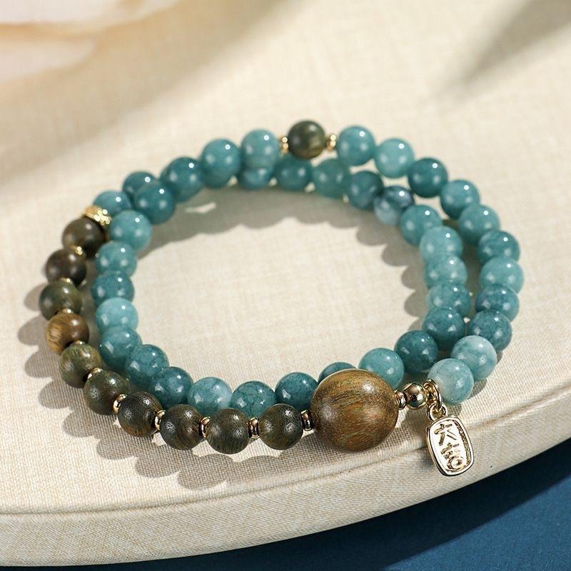 Unisex Electroplated Bracelet Blue Chalcedony & Sandalwood Round Bead New Chinese Geometric Jewelry Employee Benefit Present
