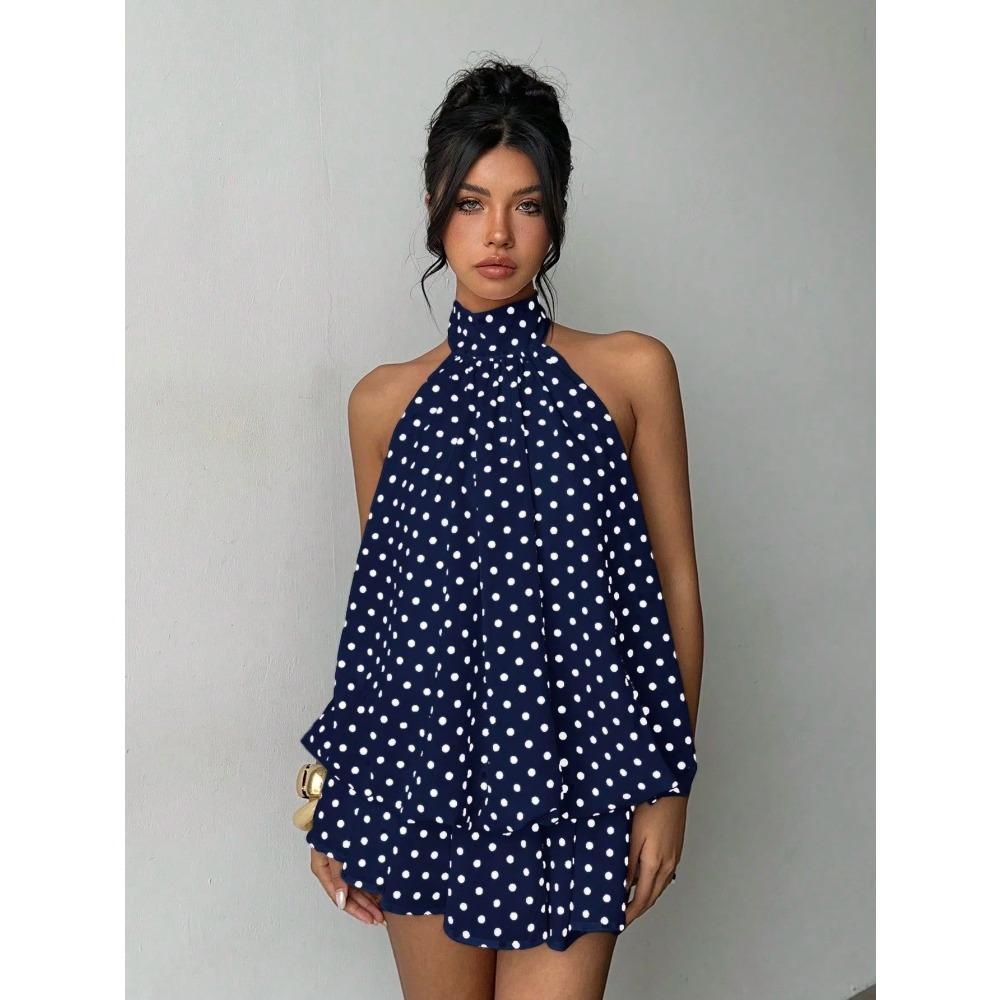 Mini Abito da Festa da Donna con Scollo all'Americana Senza Maniche Monocolore in Chiffon Vestibilità Larga Schiena Scoperta Stratificato Svolazzante Corto