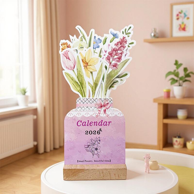 

Wooden Base Bloomy Flowers Desk Calendar Vase Floral Theme Standing Calendar Shaped Detachable Base Monthly Planner Date Display