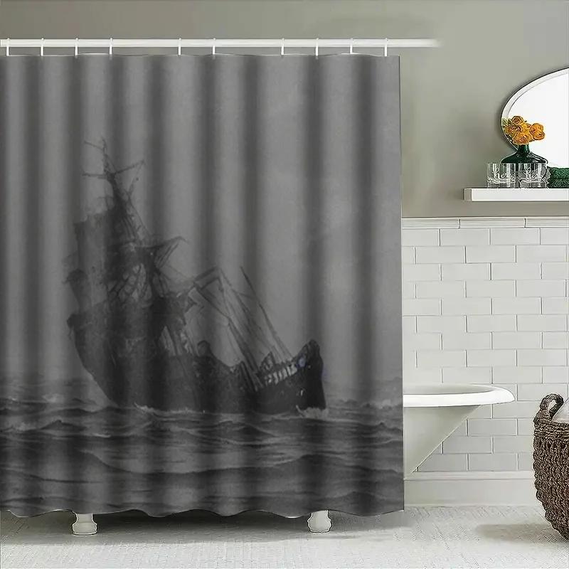 Duschvorhang Grau Piratenschiff Dunkle Fantasy Badezimmerdekoration Wasserdicht Heimdekoration Modern Weiß Badewannen-Set Badezimmer Duschvorhangstange