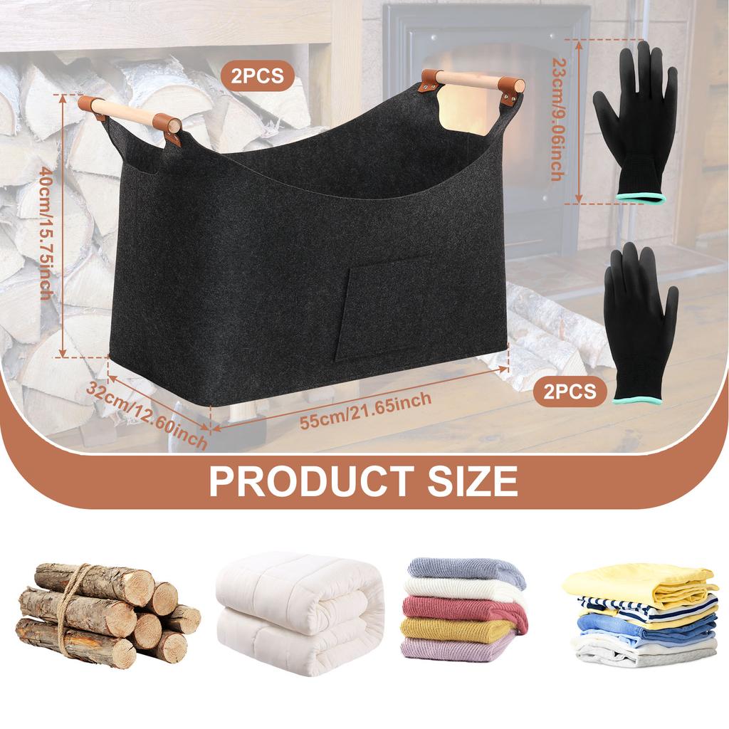 2Pcs Felt Firewood Basket with Gloves Foldable Large Capacity Firewood Wood Carrier Bag Household Toy Clothes Storage Basket