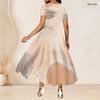 Women Plus Size Round Neck Short Sleeve White Abstract Printed Cutout Waist A Line Long Dress