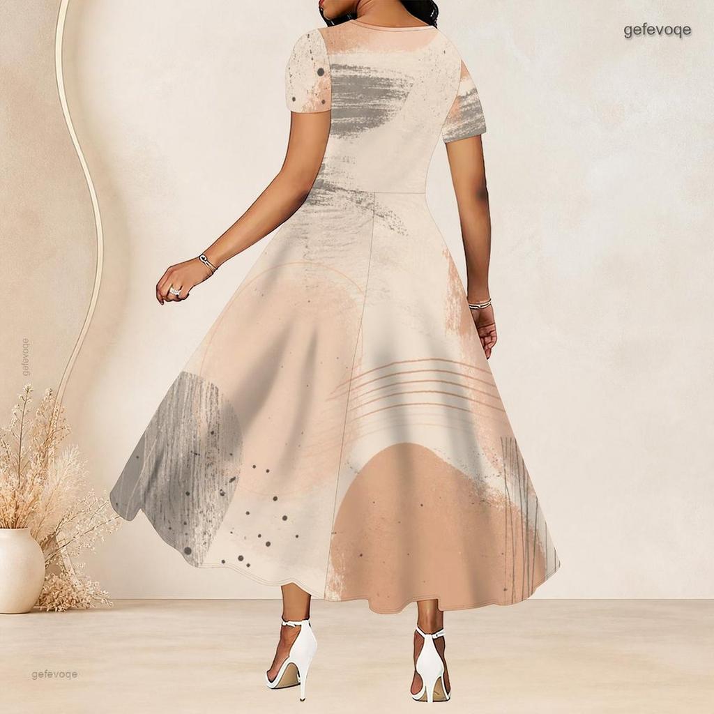 Women Plus Size Round Neck Short Sleeve White Abstract Printed Cutout Waist A Line Long Dress