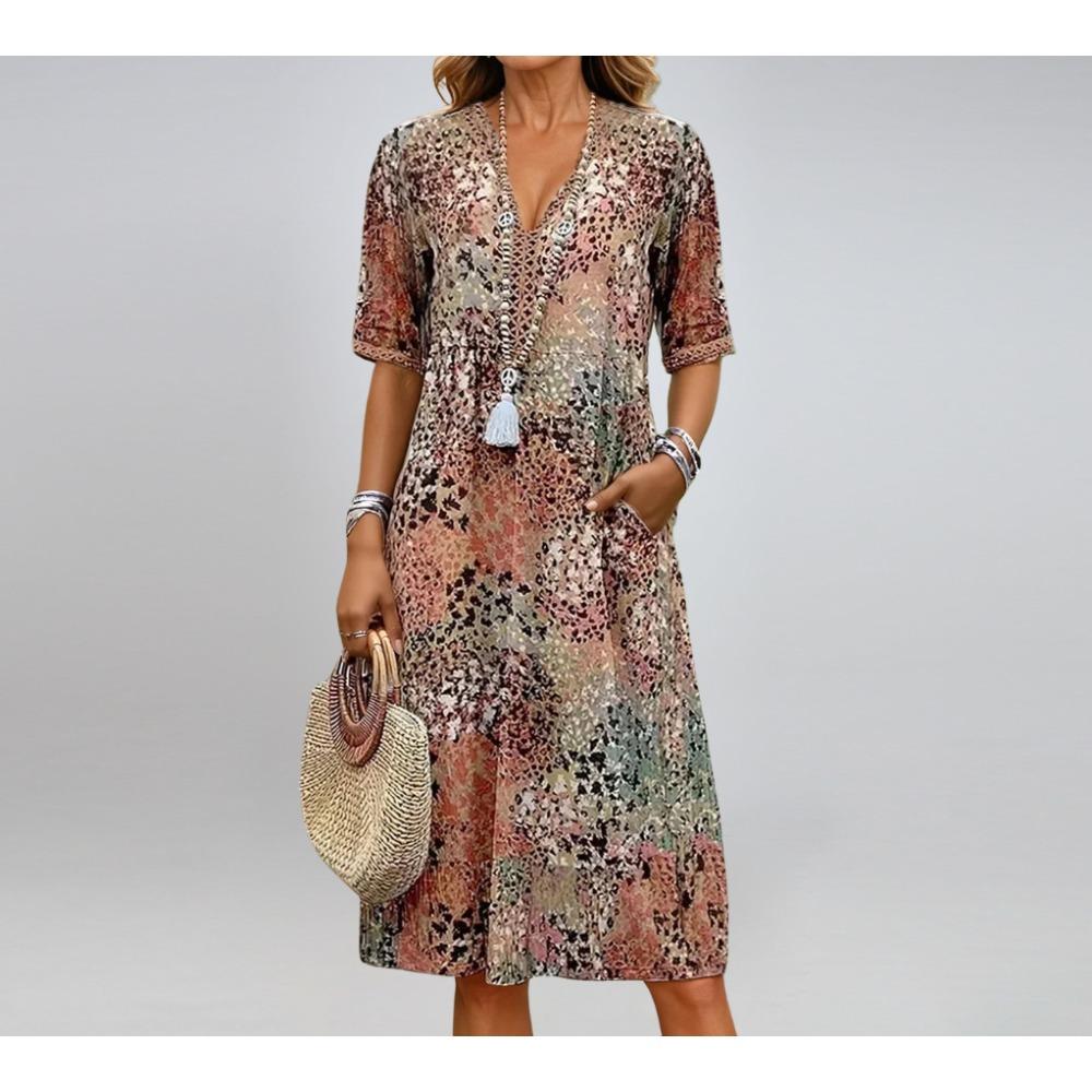Printed Summer V-neck Vacation Pocket Dress Loungewear Women Comfortable and Casual S хаки
