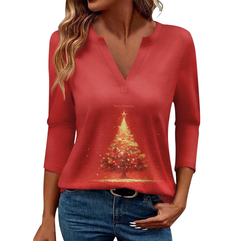Women's Casual Fashionable Sexy Comfortable V-Neck Christmas Three-Quarter Sleeve Top