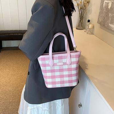 Sweet Design Pink Plaid Bucket Bag Women's 2025 New Temperament Vegetable Basket Handbag Shoulder Messenger Bag