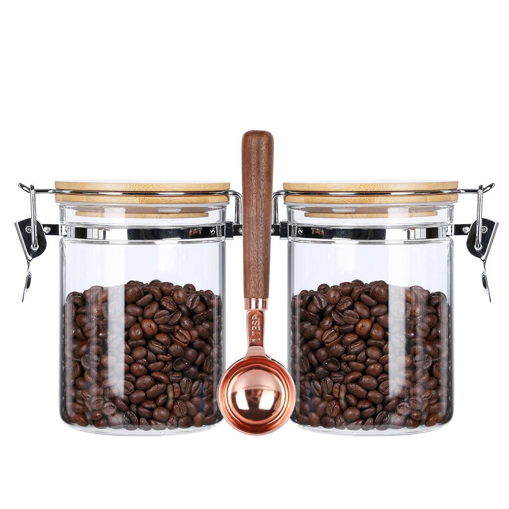 KKC Coffee Bean Storage Jar, 250g Coffee Beans, Powder, Sugar, Tea, Snow Peak Glass Canister, Airtight Storage Container, 800ml, Set of 2 + 1 Spoon