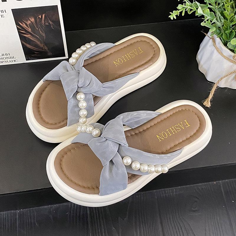 

Женские летние шлепанцы на толстой подошве с жемчугом, новинка 2025 года, универсальный сказочный стиль с юбкой, ленивые сандалии на одном ремешке 40 синий