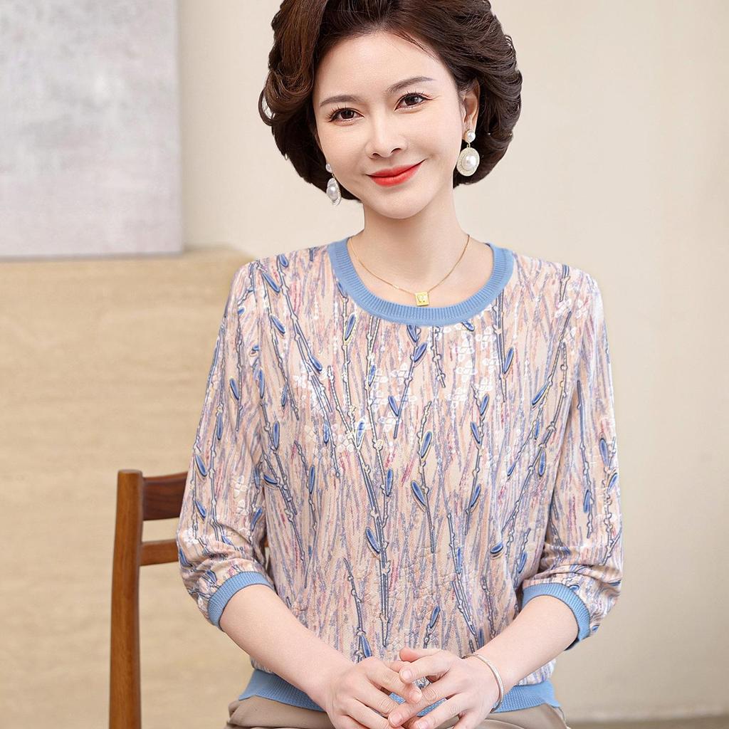 Spring Mid-Sleeve T-Shirt for Middle-Aged Women, Plus-Size Autumn Top for 40-50-Year-Old Moms