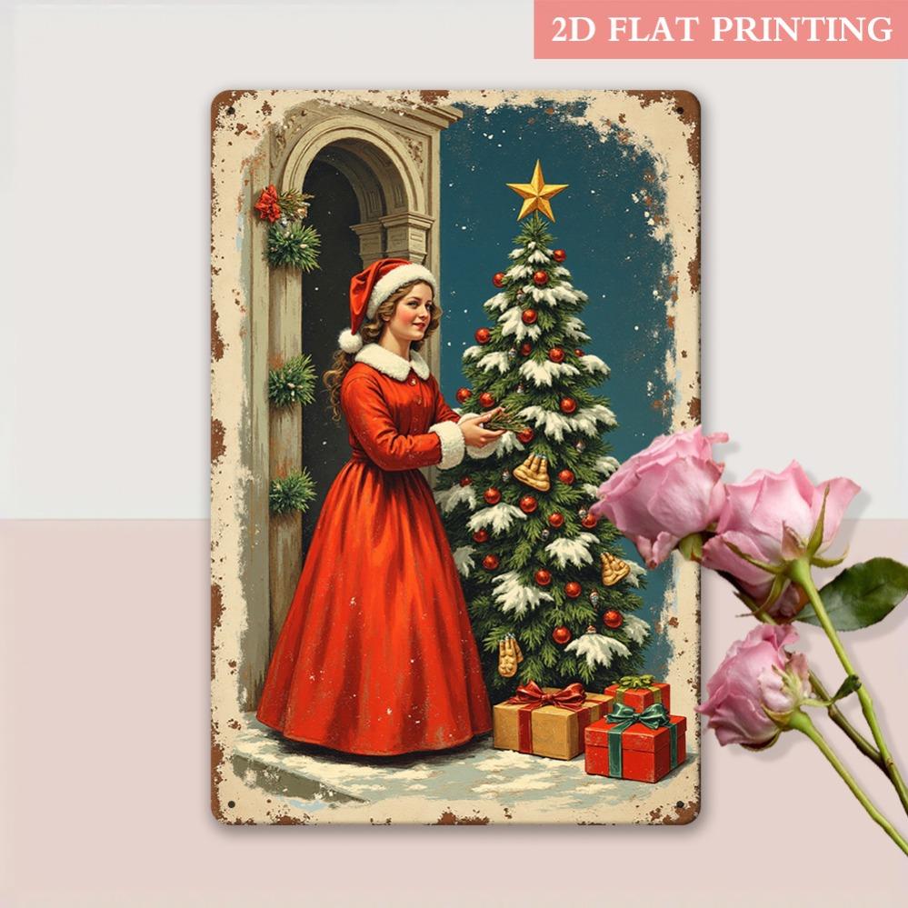 Vintage Christmas Tree Metal Sign with Holiday Scene Perfect for Living Room Decor Home or Gift Retro Christmas Decoration