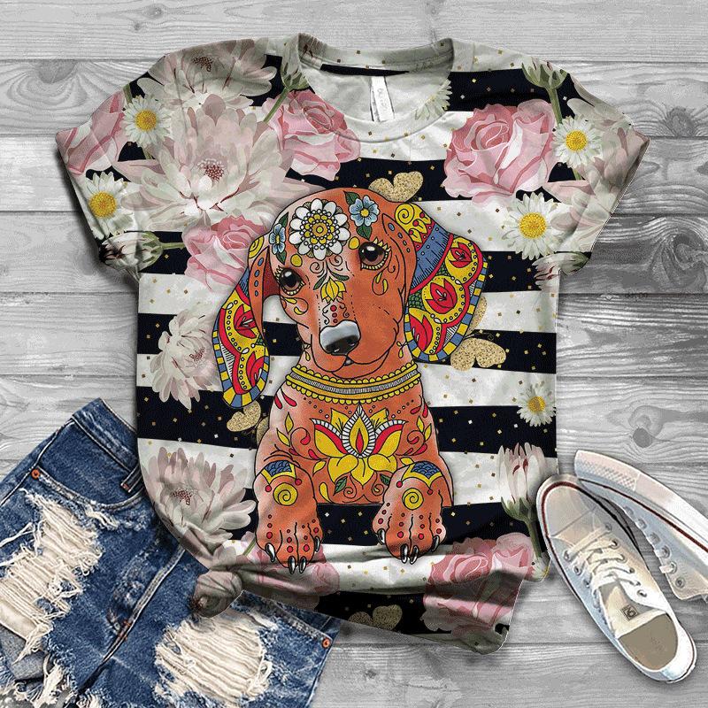 Summer New Animal Dog 3D Printed Loose White Top Women's T-shirt