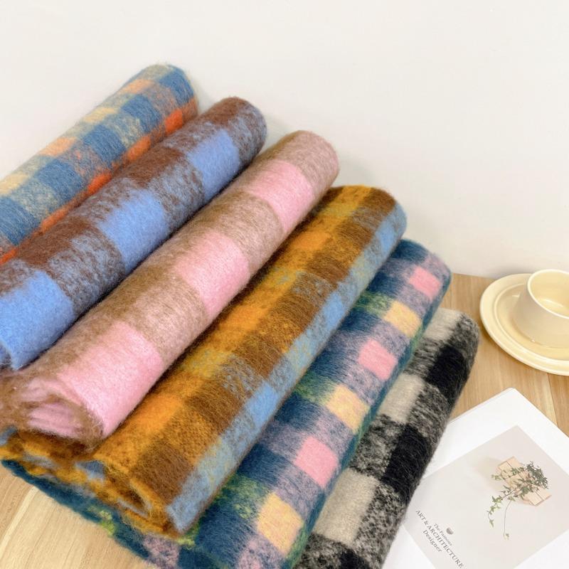 Colored mohair plaid scarf women's warm shawl soft waxy versatile student retro scarf warm