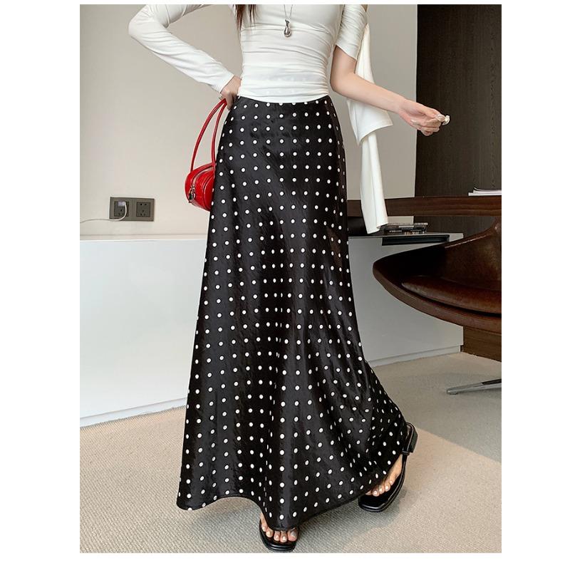 Moda Primavera Verano Elegante Estampado de Lunares Falda Larga Cintura Alta Suelta Ajustada a la Cadera Línea A Faldas de Fiesta Ropa Sencilla Casual para Señoras de Oficina