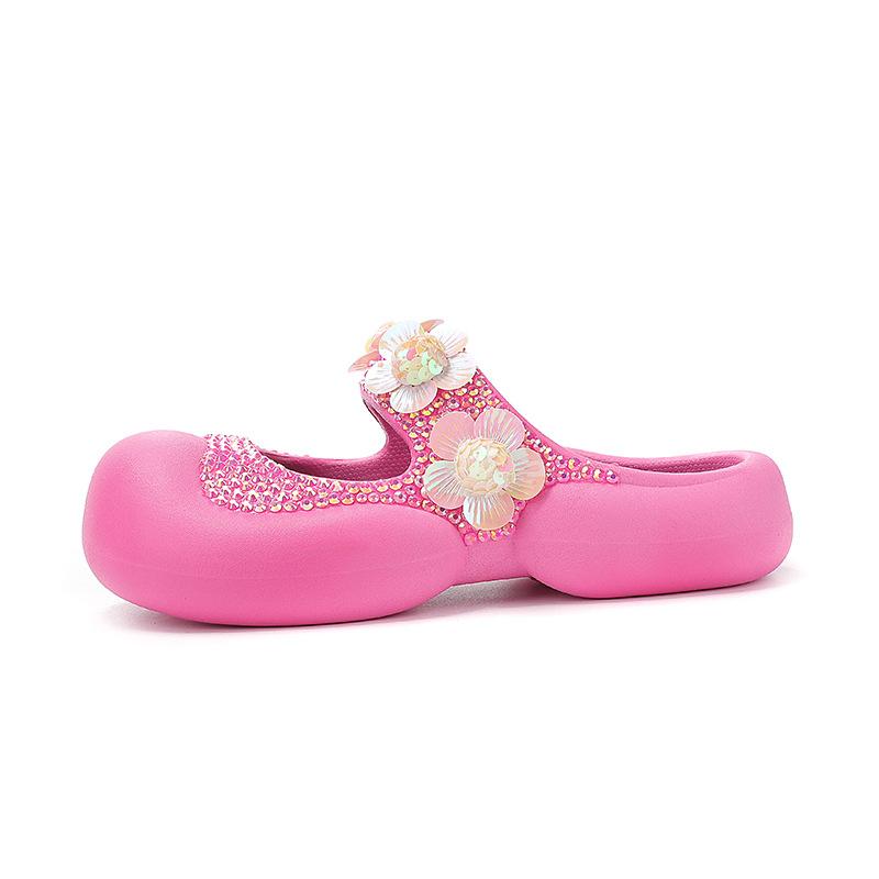 Fashion Handmade Diamond Inlaid Mary Jane Pink Slippers New Sweet Flower Sequins Thick Sole Heightening Net Red Summer Beach Sandals