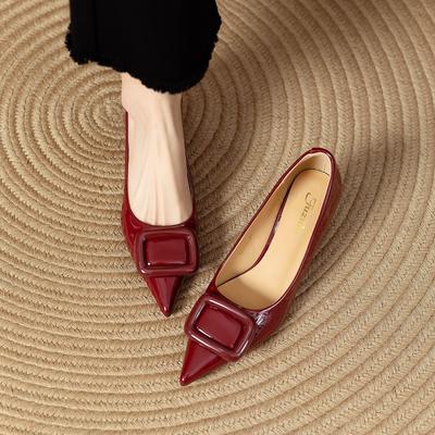Fashion French Metal Buckle Single Shoes Spring and Summer Square Buckle 2025 Shallow Mouth Pointed Toe Red High Heels New Temperament