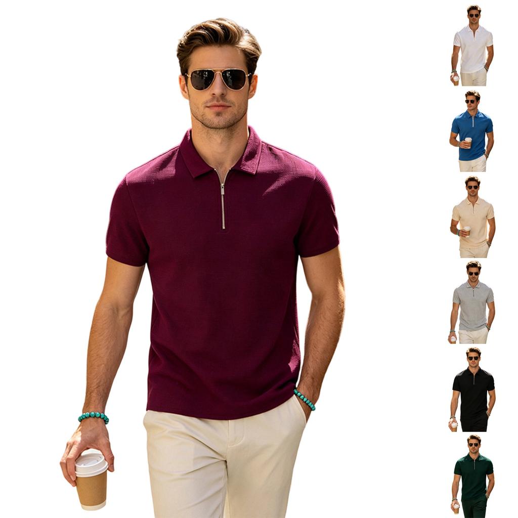 Men's Waffle Knit Short Sleeve Polo Shirt with Zip Collar Breathable Lightweight Casual Top for Summer