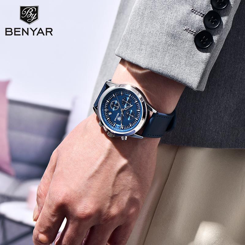 BENYAR New 40MM Men's Multi Functional Chronograph Quartz Watch Lumious Leather Strap Sports Wristwatches For Man