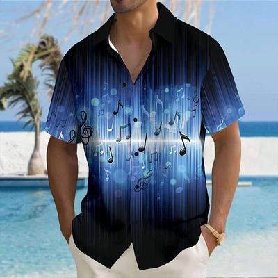 Camisa Masculina Estampa 3D Música Negra Camisa de Botão Camisa Casual Camisa de Verão Manga Curta Roupa Diária para Férias