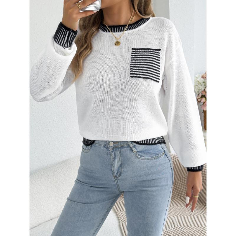 Women S Long Sleeve Striped Pocket Casual Sweater