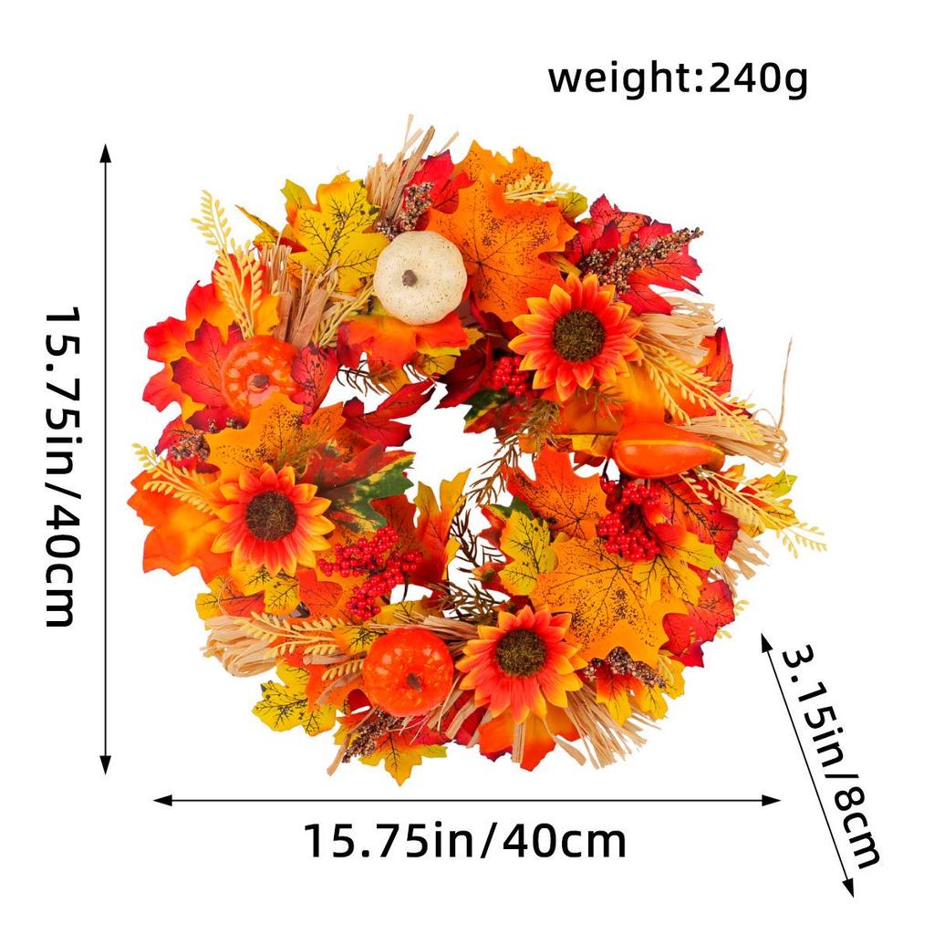 Autumn Harvest Wreath with Pumpkins & Maple Leaves