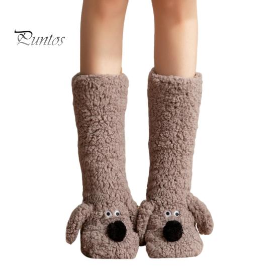 1 Pair Adult Winter Floor Socks Cartoon Dog Design Thickened Plush Double Warmth Anti-slip Long Socks Holiday Gift