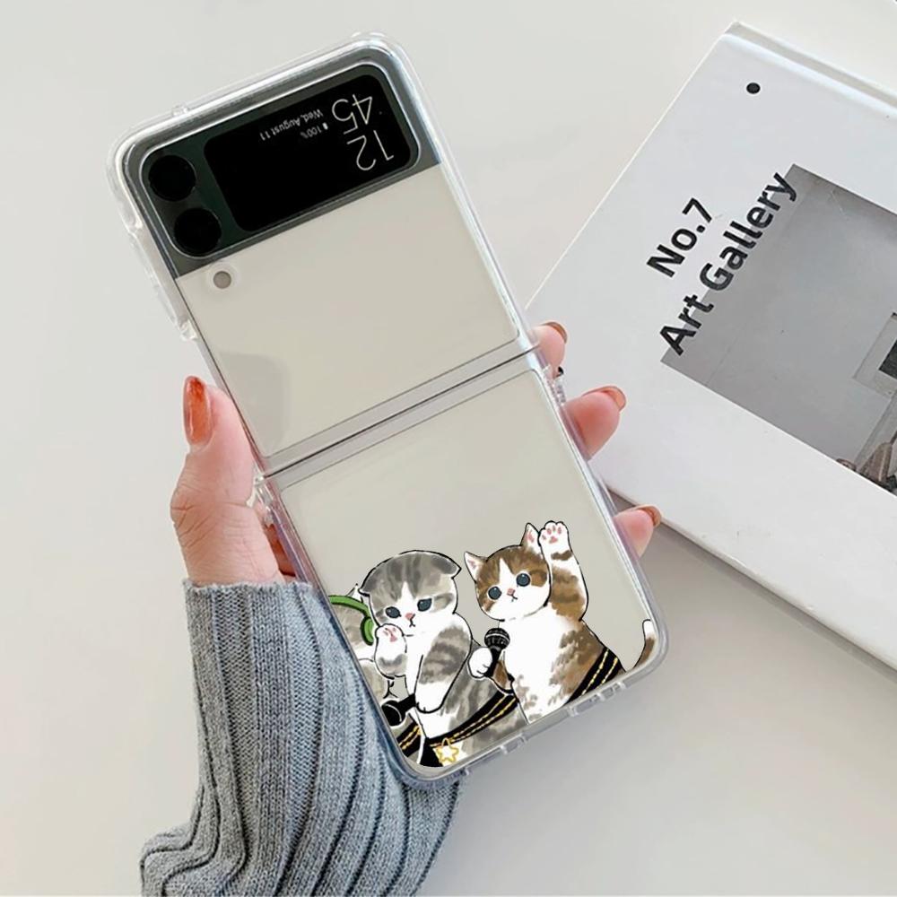 Cute Cartoon Cat Couple Phone Case For Samsung Galaxy Z Flip 6 ZFlip 5 Hard Transparent Cover for Samsung ZFlip 4 ZFlip3 ZFlip7