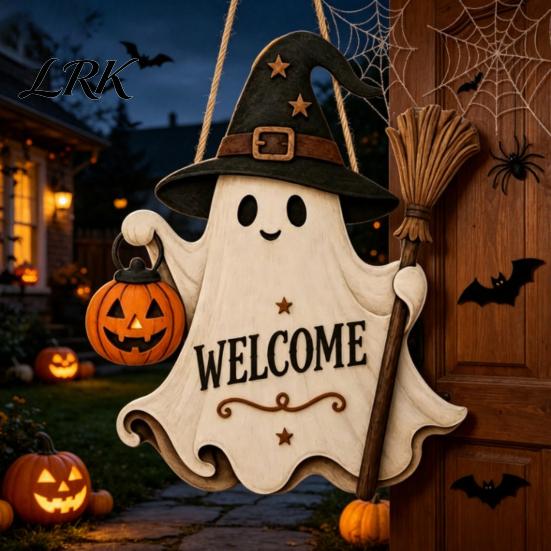 Non-scary Halloween Decor Wooden Hanging Door Sign, Cute Ghost Welcome Ornament with Witch Outdoor Sign Hat Pumpkin Lantern Design, Holiday