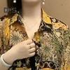 Women Shirt Lapel 3/4 Sleeve Sunscreen Shirt Printing Sun Protection Thin Mid-length Shirt Loose Fit Tops Daily Wear