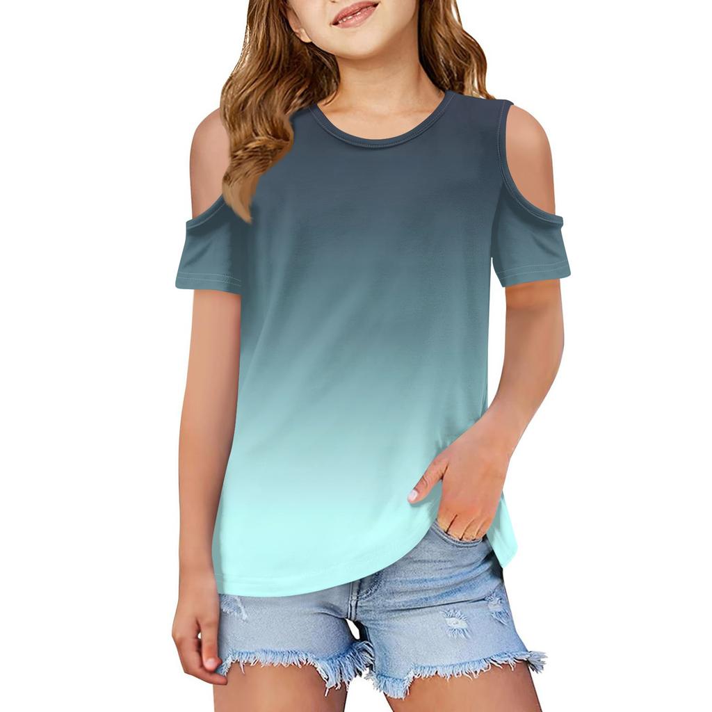 Children summer fashion T-shirt dew shoulder round collar gradient leisure coat
