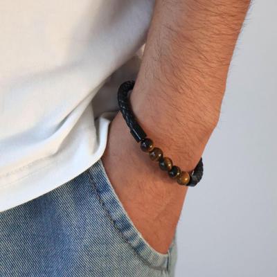 2025 European & American Fashion Men's Stone Beaded Leather Bracelet with Magnetic Buckle