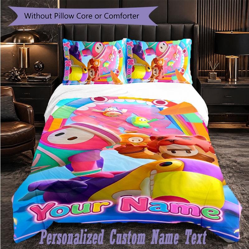 Personalized 3Pcs Bedding SetFall Guys Custom Text Duvet Cover Pillowcase Set Bedroom Gift