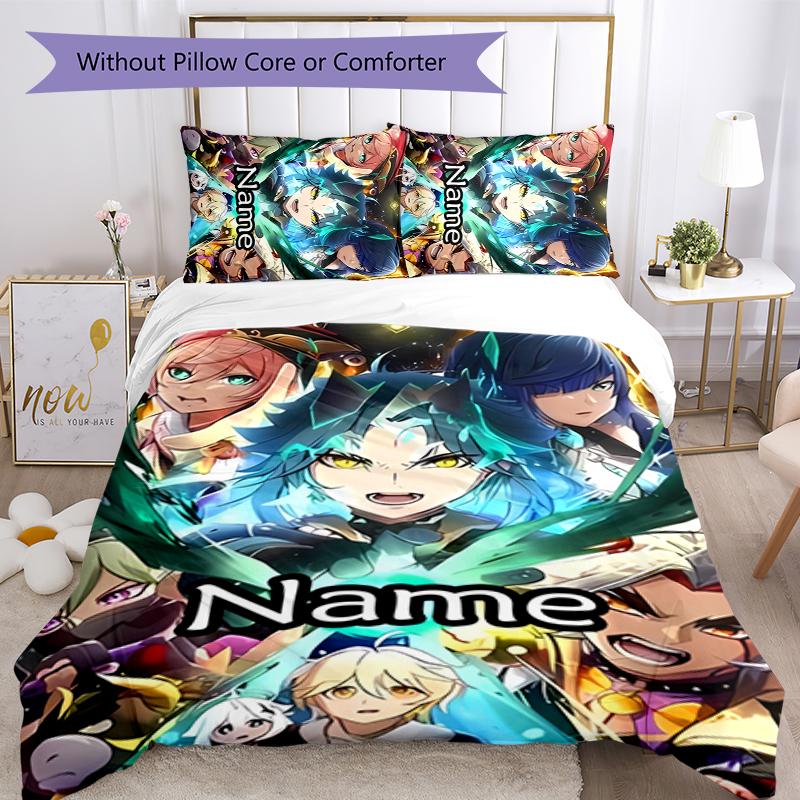 3pcs Custom Name Cartoon Genshin Impact Characters Bedding Set Duvet Cover Closure Includes 1 Duvet Cover & 2 Pillowcases for All Seasons Bedroom Deco