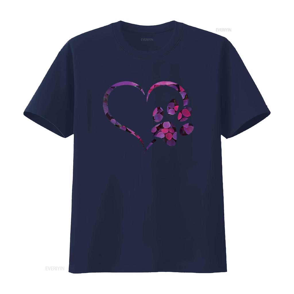 Floral Violet Purple Dog Cat Paw Print Heart Puppy Women S T Shirt with Personality Cute Tops for Vintage Washed