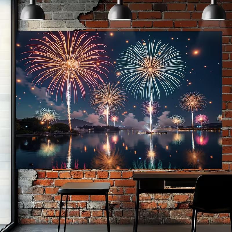 2D New Year Celebration Photography Backdrop with Waterfront Fireworks Show 47.2x31.5inch/120*80cm