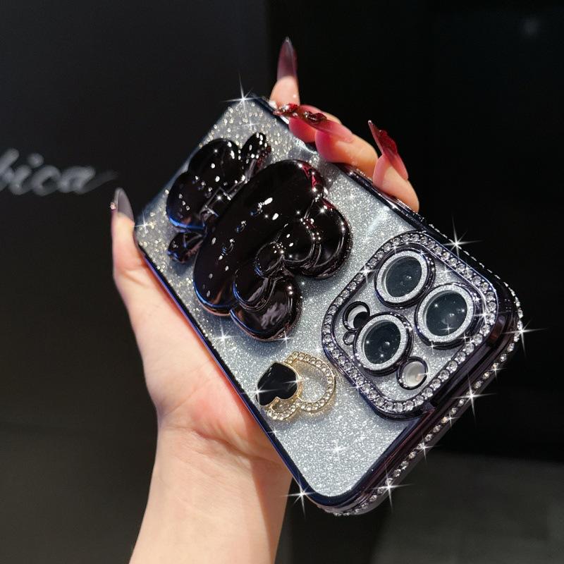 Applicable to iPhone17 mobile phone case electroplated rhinestone glitter Apple 16 rabbit mirror holder 15 crystal bracelet 14