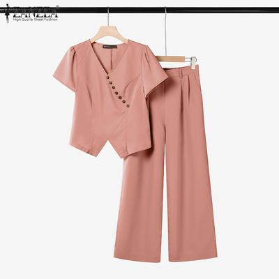 Women Short Sleeve Blouse and Pants Summer Two Piece Suit Sets