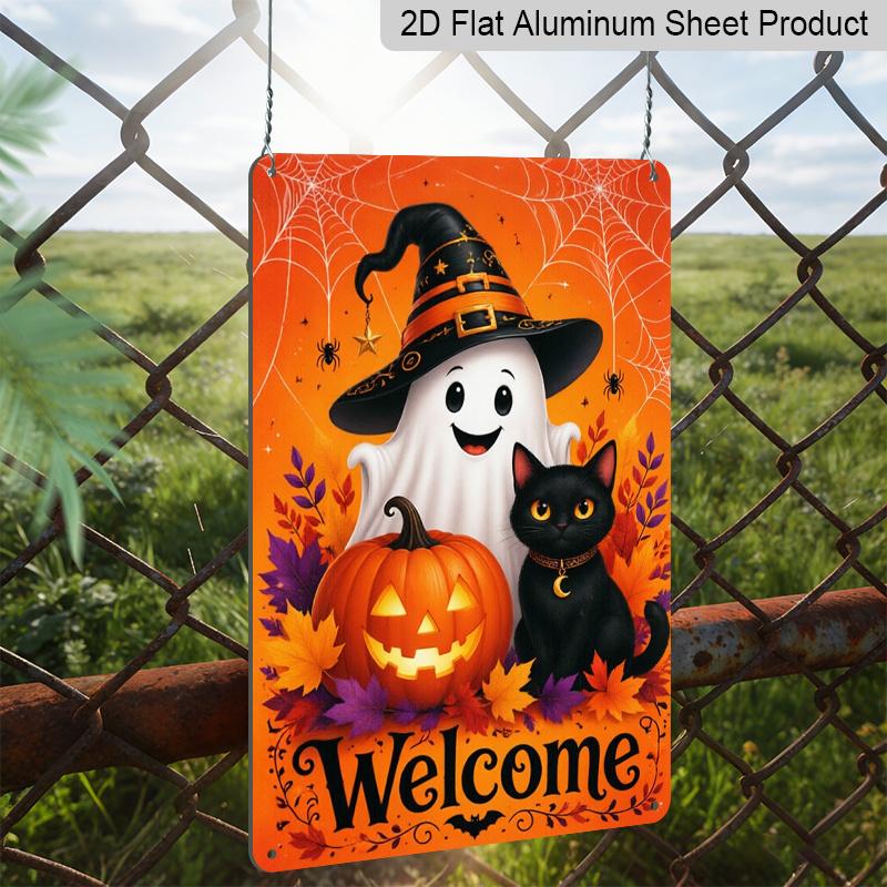 2D Flat Welcome Halloween Cute Ghost Black Cat Pumpkin Metal Sign - 8.0x12.0inch Aluminum Wall Art, Autumn Front Door Porch Decor, Pre-Drilled Holes