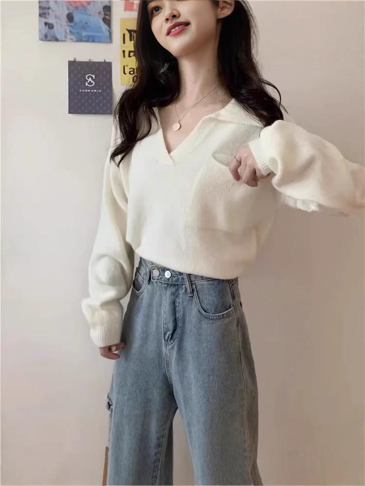 Women's Retro V-Neck Knitted Pullover Sweater - Soft Wool, Loose Fit, Autumn Style Jacket
